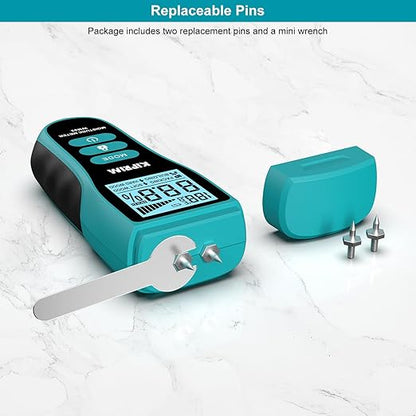 Kiprim Pin-Type Moisture Meter for Wood, Wall, Packing, Building – Digital Moisture Detector with LCD Display, Temperature (°C/°F), Hold Function, 4 Material Modes, Replacement Pins Included WM02