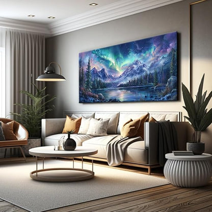 IDAFU Aurora Borealis Canvas Wall Art Northern Lights Wall Printing Farmhouse Abstract Snow Mountain Tree Forest Scenery Canvas Nature Landscape Artwork For office Home Décor Ready to Hang 40L x 20W