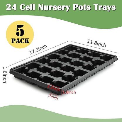 24 Cell Nursery Pots Trays 5 Pack (17"x11"x1.6"), Reusable Plant Pot Tray for Holding 2.8 inch (7CM) Square Nursery Pots, Durable Plastic Carrying Seed Starter Tray with Drain Holes (Black)