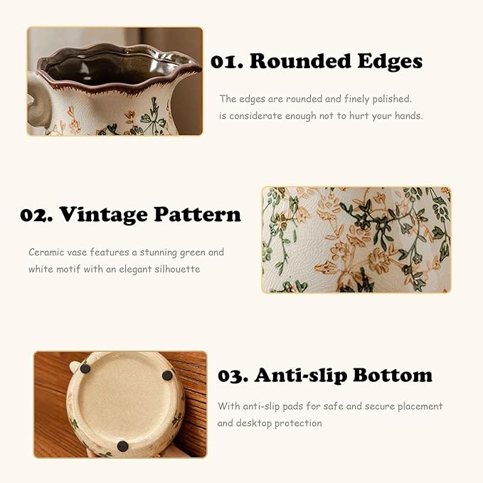 Ceramic Vase Set of 3, Vintage Green and Beige Vases Set for Home Decor, Chinoiserie Floral Decorative Vase for Living Room, Bookshelf, Office (5.9"+7.9"+9.8")