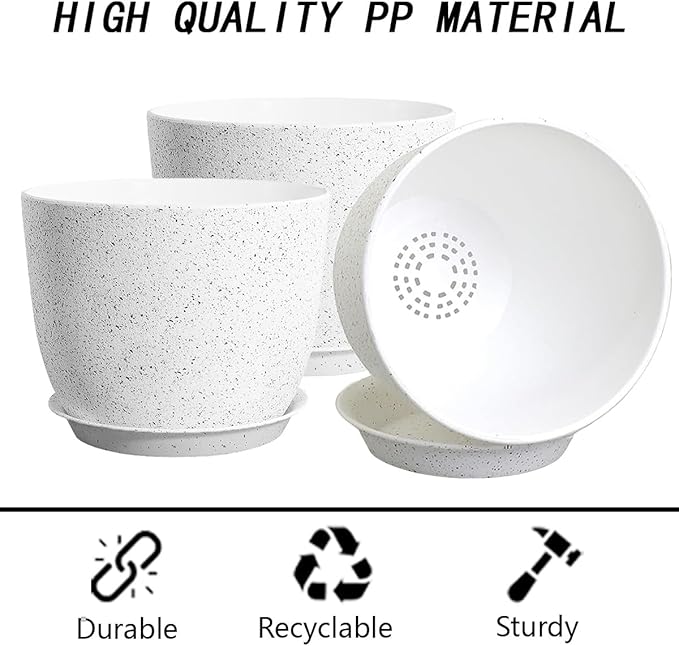 3 X 10Inch Plant Pots Set for Indoor Outdoor, Flower Pots for House, Plant Planters Pots with Drainage Hole and Saucer Plastic Decoration Pot, Speckled White