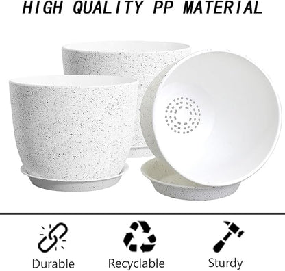 3 X 10Inch Plant Pots Set for Indoor Outdoor, Flower Pots for House, Plant Planters Pots with Drainage Hole and Saucer Plastic Decoration Pot, Speckled White