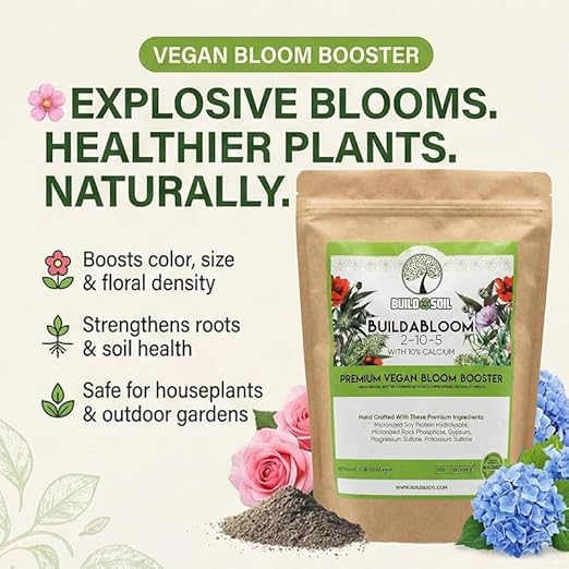 BuildASoil Vegan Bloom Booster & Flower Fertilizer - Plant Food for Organic Hydrangea, Roses, Hibiscus, and Vegetables - Natural Soil Flower Food - Best Fertilizer for Vegetable Garden - 5 LB Bag