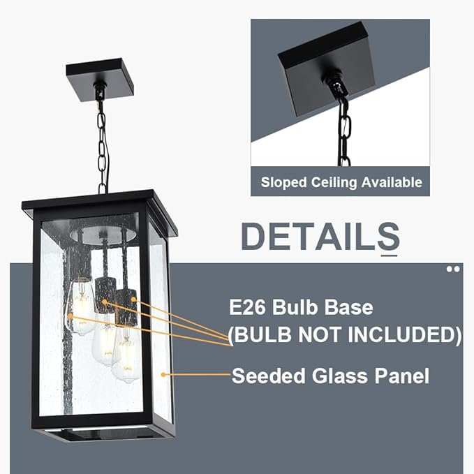 TODOLUZ 3-Lights Large Outdoor Pendant Light, Black Porch Ceiling Lighting Fixtures with Seeded Glass Panel, Exterior Hanging Lantern Adjustable Chain for Yard Entryway Patio