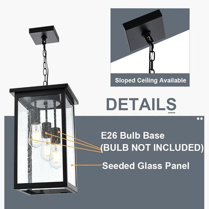 TODOLUZ 3-Lights Large Outdoor Pendant Light, Black Porch Ceiling Lighting Fixtures with Seeded Glass Panel, Exterior Hanging Lantern Adjustable Chain for Yard Entryway Patio