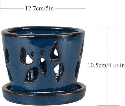 W&W Orchid Pot with Holes and Saucer for Repotting, Blue, 5 Inches