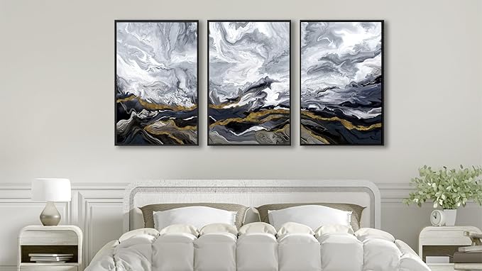 Large Framed Modern Wall Art - Abstract Landscape Cloudy Mountain Wall Decor 20"x28" Set of 3 Contemporary Grey Dark Painting Prints Marble Canvas Pictures for Living Room Bedroom Office Artwork