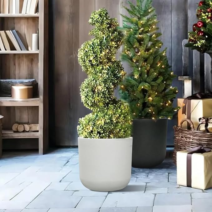 11 Inch Plastic Cylinder Plant Pots, Flower pot for Indoor Plants with Drainage Holes and Plug, Outdoor Garden Planters, Weather-Resistant and UV-Resistant, Modern Decorative for Home, Chalk Beige