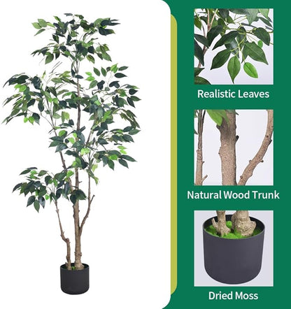 5Ft Artificial Ficus Tree with Realistic Leaves, Livelike Faux Silk Indoor Outdoor Plant for Home Office Decor Living Room, Porch, Garden Decor