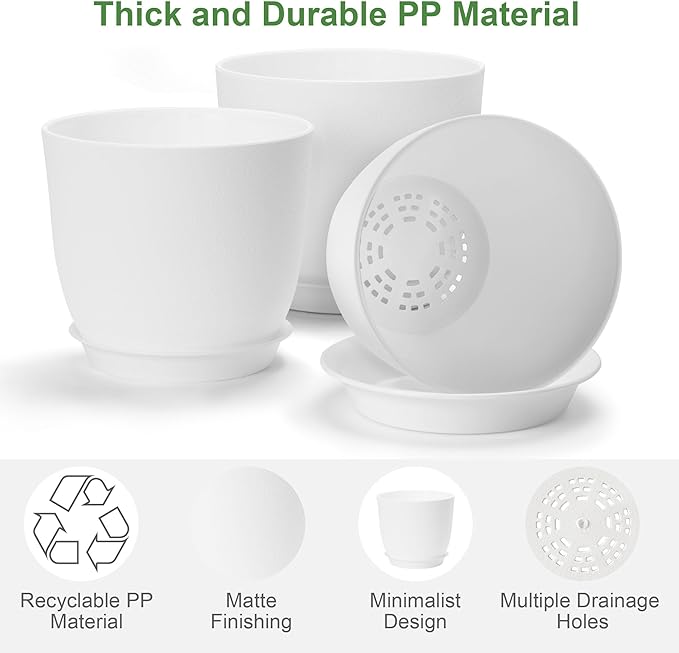 Plastic Plant Pots 9/8/7.5 inch Set of 3, Indoor Planters with Drainage Holes and Tray, Thickened Plastic Flowers Pots for Indoor Outdoor Garden Plants and Flowers, White