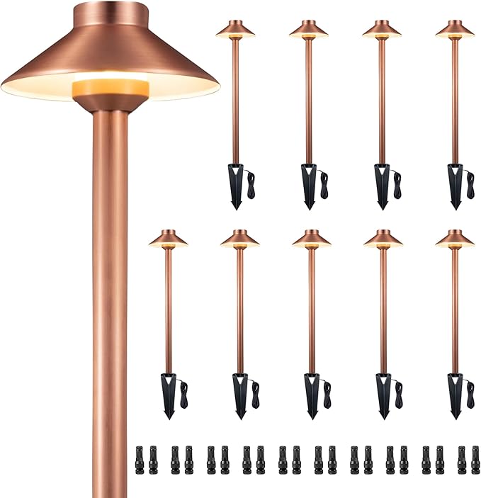 Gardenreet LED Copper Brass Landscape Lights(Hat) Waterproof Outdoor 12V Low Voltage Path Lights for Sideway Garden with Ground Stake Without G4 Bulb(10 Pack)