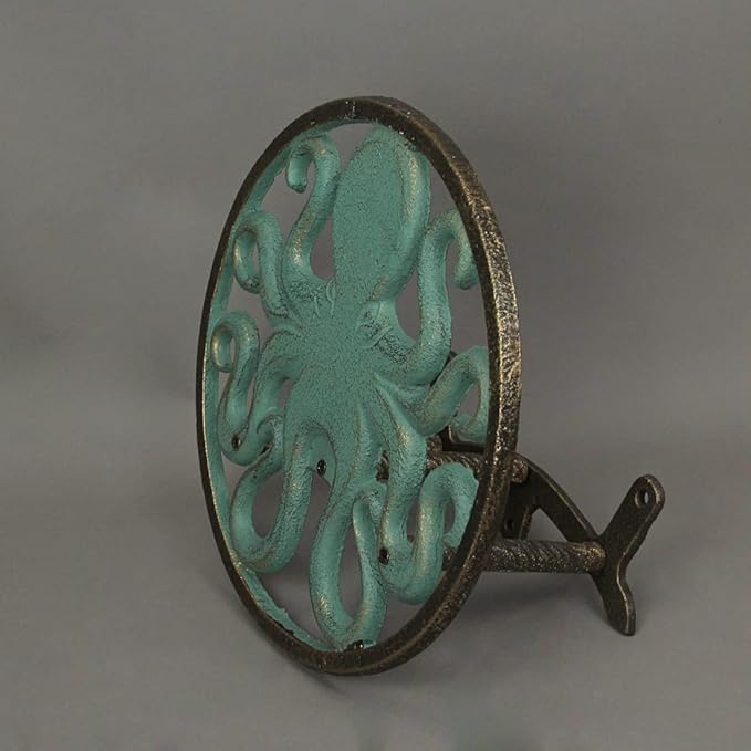 Zeckos Verdigris Octopus Garden Hose Hanger - Cast Iron Decorative Wall-Mounted Holder - 12-Inch Diameter - Stylish Outdoor Decor for 125 ft Capacity