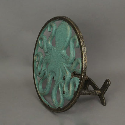 Zeckos Verdigris Octopus Garden Hose Hanger - Cast Iron Decorative Wall-Mounted Holder - 12-Inch Diameter - Stylish Outdoor Decor for 125 ft Capacity