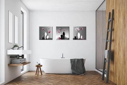 TEKMENT Flower Wall Art for Bathroom Hallway, SZ Elegant Orchid Still Life Canvas Painting Prints, Magnolia in Black and White Vases Picture (Ready to Hang, Waterproof Décor, 20x20 x3p Large)