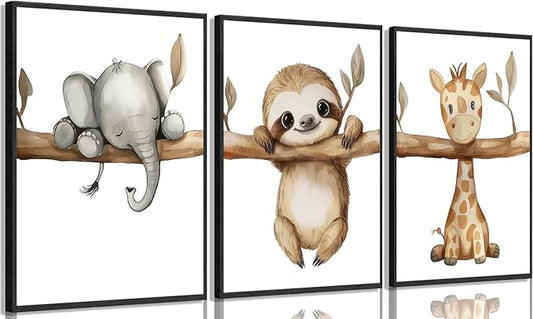 3Pcs Nursery Animal Wall Art Safari Nursery Picture Painting Jungle Animal Wall Decor Cute Elephant Sloth Giraffe Posters Prints Artwork for Boys Girls Baby Room Decoration 12x16in