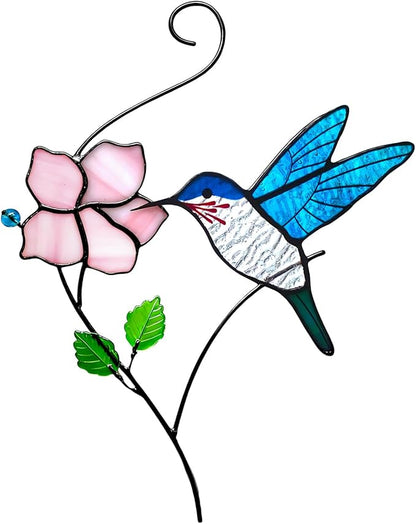 Stained Glass Window Hanging, Handcrafted Hummingbird with Flower Stained Glass Suncatcher for Home Indoor Window Art Decor,Hummingbird Gifts for Women,Mom,Bird Lovers