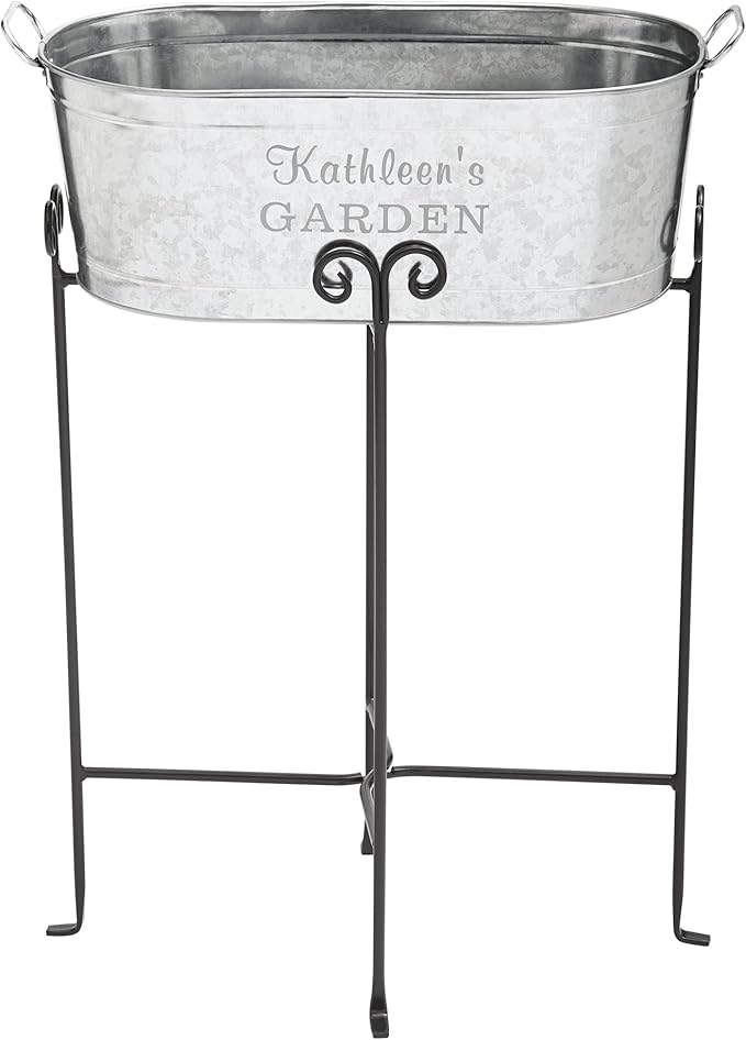 Let's Make Memories Personalized Planter Tub for Mom Grandma Wife - Custom Engraved Decorative Metal Flower Pot - Mothers Day from Family Daughter Son Kids - 5.5 Gallons - Any 2-Line Message w/Stand