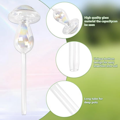 Plant Watering Globes, Iridescent Rainbow Glass Water Bulbs Self Watering Spikes Planter Insert Automatic Plant Watering Device for Indoor and Outdoor Plants(2Pcs, Mushroom Shaped)