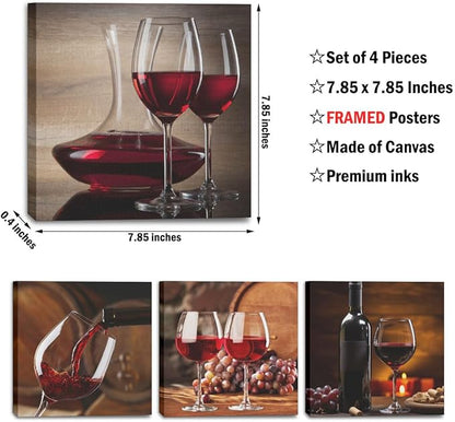 4 Pcs Red Wine Canvas Wall Art Framed Modern Red Wine Goblets Art Posters Retro Pictures Wall Decor Vintage Glass Cups Canvas Decoration Artwork for Walls Home Dining Salon Bar