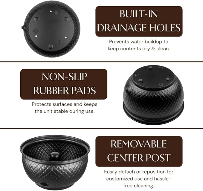 Monarch Abode Garden Hose Holder with Lid – Decorative Water Hose Holders for Outside, Diamond Embossed Metal Matte Black Pot with Drainage, 100ft Waterhose Holder for Outside, Garden Storage Caddy