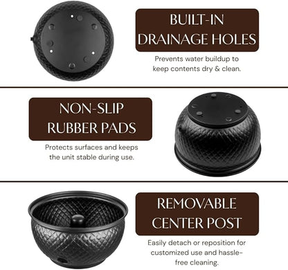 Monarch Abode Garden Hose Holder with Lid – Decorative Water Hose Holders for Outside, Diamond Embossed Metal Matte Black Pot with Drainage, 100ft Waterhose Holder for Outside, Garden Storage Caddy