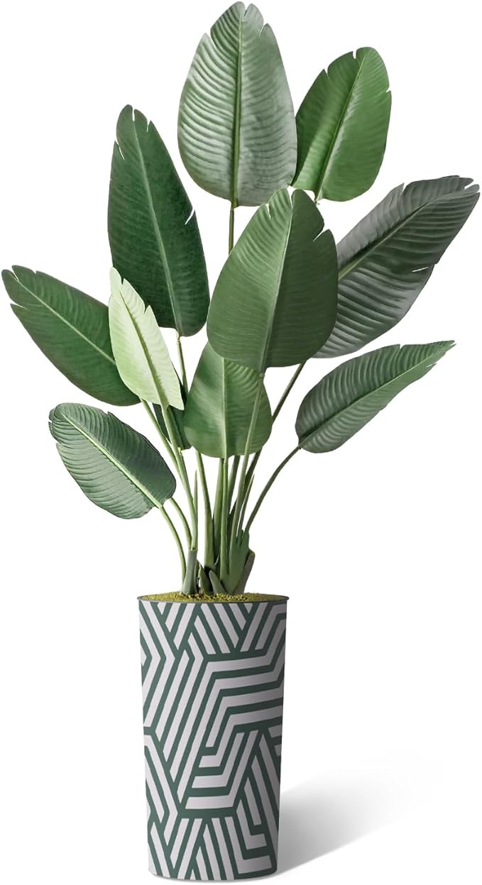 Artificial Tree in Geometric Pattern Planter, Fake Bird of Paradise Silk Tree for Indoor and Outdoor Home Decoration - 67" Overall Tall (Plant Pot Plus Tree)