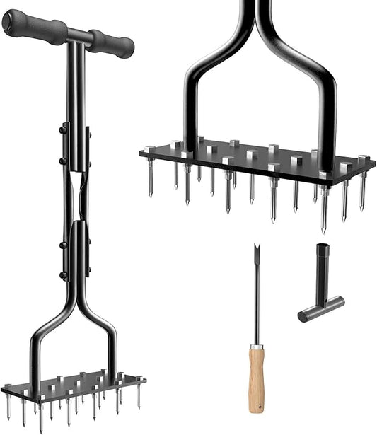 Lawn Aerator Spike Manual Tool with 15 Iron Spikes, Garden Grass Aeration Tools Hand Air Aerator & Clean Tool for Aerating Lawns & Yard Care, Loosening Soil, 36”