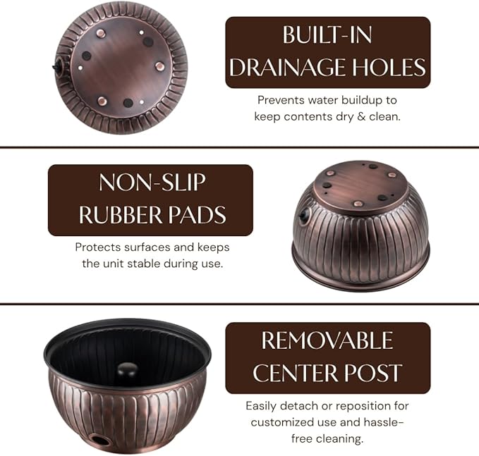 Monarch Abode Garden Hose Holder with Lid – Decorative Water Hose Holders for Outside, Arch Embossed Metal Antique Copper Pot with Drainage, 100ft Waterhose Holder for Outside, Garden Storage Caddy