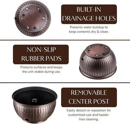 Monarch Abode Garden Hose Holder with Lid – Decorative Water Hose Holders for Outside, Arch Embossed Metal Antique Copper Pot with Drainage, 100ft Waterhose Holder for Outside, Garden Storage Caddy