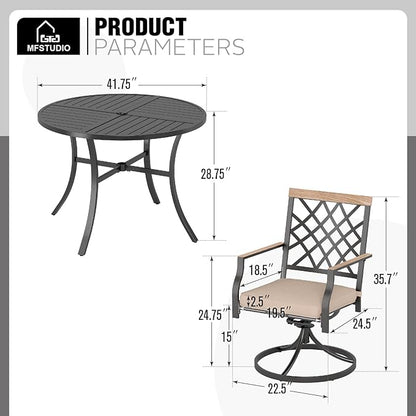 MFSTUDIO 5 PCS Patio Dining Set with 4 Swivel Metal Chair with Cushion and 1 Heavy Duty Round Table for 4, All Weather Resistant Patio Furniture for Lawn and Garden