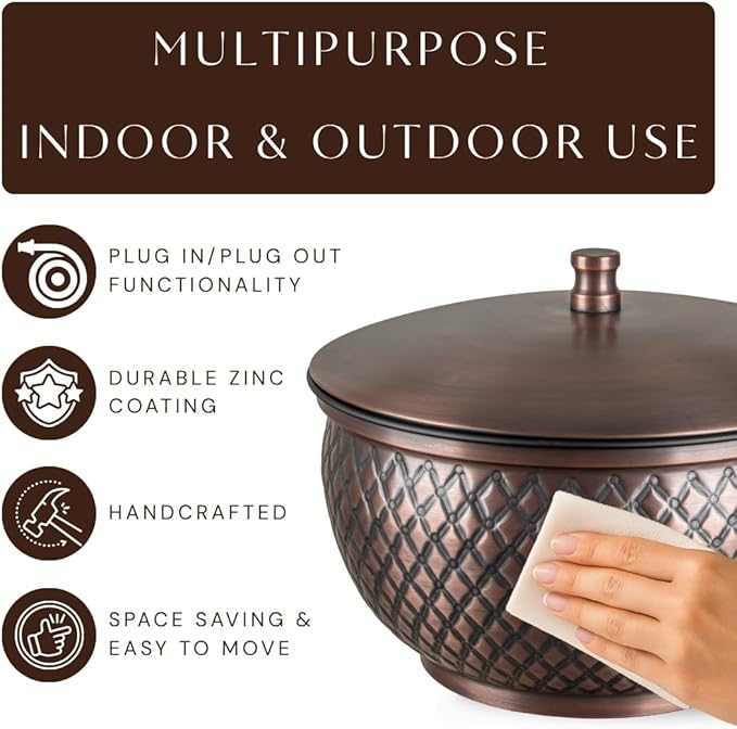 Monarch Abode Garden Hose Holder with Lid – Decorative Water Hose Holders for Outside, Diamond Embossed Metal Antique Copper Pot with Drainage, 100ft Waterhose Holder for Outside, Garden Storage Caddy