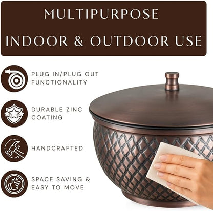 Monarch Abode Garden Hose Holder with Lid – Decorative Water Hose Holders for Outside, Diamond Embossed Metal Antique Copper Pot with Drainage, 100ft Waterhose Holder for Outside, Garden Storage Caddy