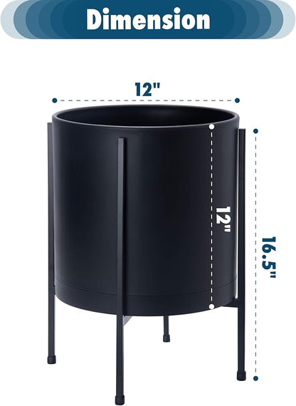D'vine Dev 12 Inch Black Planter Pot with Stand – Modern Plastic Cylinder Flower Pot with Heavy-Duty Metal Stand for Indoor Plants, 55-D-B-3