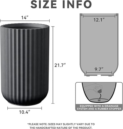 Kante Tall Fulted Planter, 21.7 Inch Tall Round Concrete Plant Pots with Drainage Hole and Rubber Plug, Modern Decor for Indoor Outdoor Plants, Flower, Black
