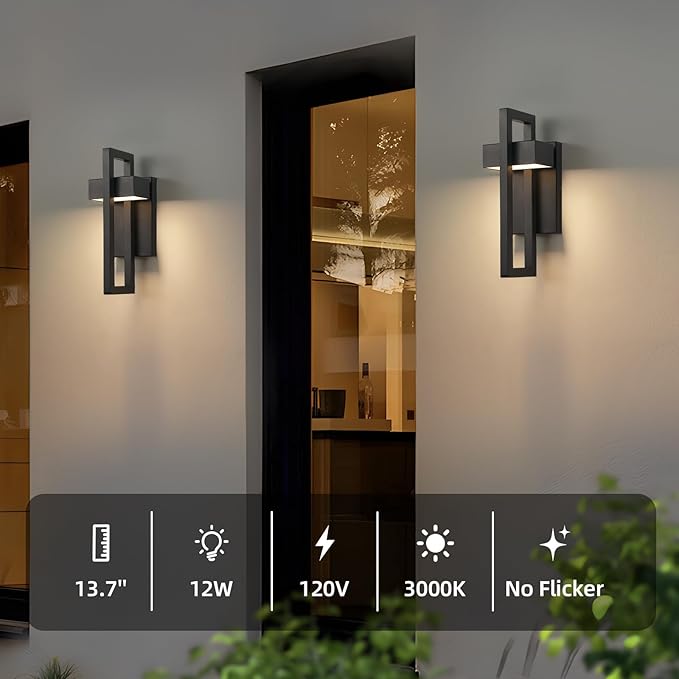 tewei LED Outdoor Wall Sconce Modern Exterior Lighting Fixtures, Matte Black Outdoor Front Porch Lights LED Outside Wall Mount Lights for House, Hallway, Warm White 3000K, 1 Pack