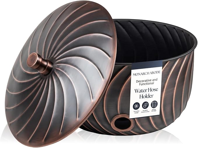 Monarch Abode Garden Hose Holder with Lid – Decorative Water Hose Holders for Outside, Wave Embossed Metal Antique Copper Pot with Drainage, 100ft Waterhose Holder for Outside, Garden Storage Caddy
