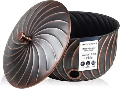 Monarch Abode Garden Hose Holder with Lid – Decorative Water Hose Holders for Outside, Wave Embossed Metal Antique Copper Pot with Drainage, 100ft Waterhose Holder for Outside, Garden Storage Caddy