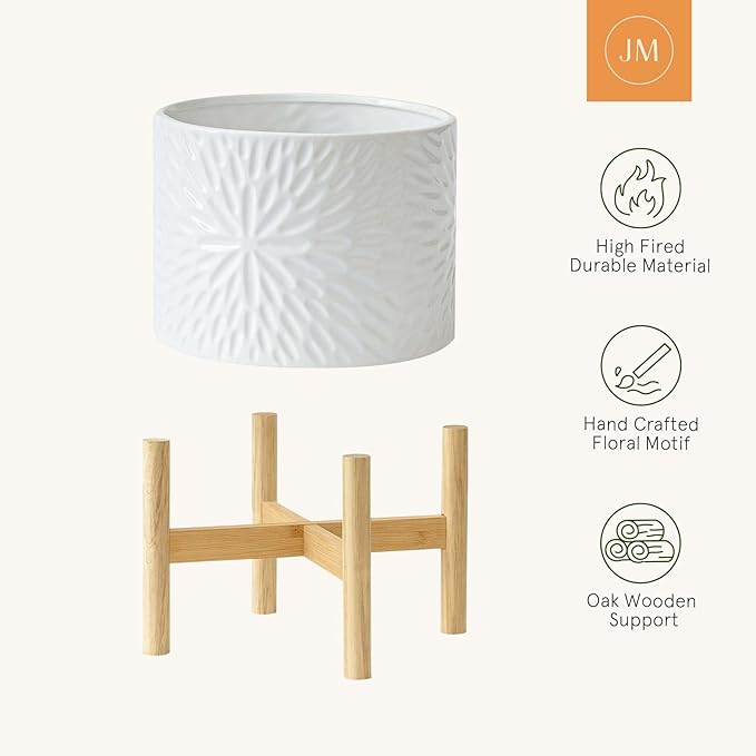 LA JOLIE MUSE White Planter with Stand,Mid Century Planters for Indoor Plants,Ceramic Plant Pot with Stand - 8 Inch Unique Modern Flower Pots Indoor with Drainage Holes