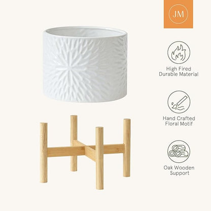 LA JOLIE MUSE White Planter with Stand,Mid Century Planters for Indoor Plants,Ceramic Plant Pot with Stand - 8 Inch Unique Modern Flower Pots Indoor with Drainage Holes