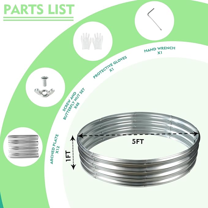 5FT Diameter Galvanized Garden Raised Bed/Plant Box/Fire Pit Ring-0.8mm Thick,12 Inch Tall,Crimped Edge and Corner,No Sharpe,Perfect for Plantings (Silver, 60 Dia X 11.5 inches)