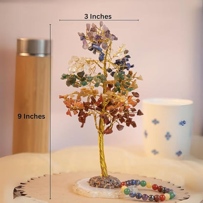 Crystal Tree with Bracelet for Home Decor, Healing, Spiritual Gifting, Room Decor, New Year & Good Luck Gifting | Made from Genuine Crystal Stones (7 Chakra) - 9 x 3 Inches