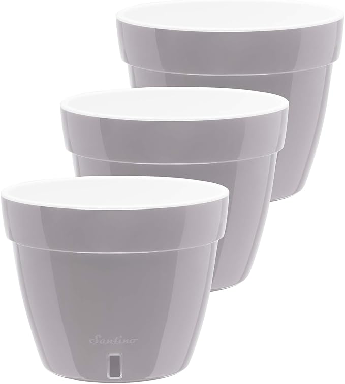 DECOPOTS - 3 Pack - Self Watering Planter - Modern Flower Pot with Water Level Indicator - 6.3" Tall - for All House Plants, Flowers, Herbs (Diameter 7.9", Grey - White)