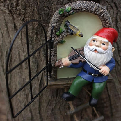Garden Gnome Window Statue for Trees and Wall, Dwarf Playing Violin Luminous Fairy Garden Miniature Accessories, Glow in The Dark Art Sculpture