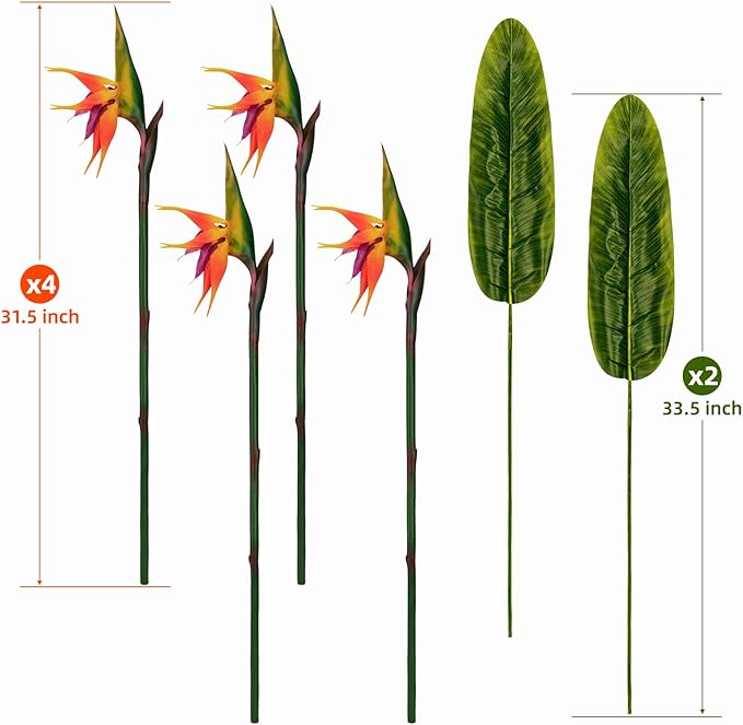 Artificial Bird of Paradise Flowers Real Touch 31.5'in Long Stem Flower 4 Pcs, with Bird of Paradise Leaves 33.5'in Long Stem Greenery Plants 2 Pcs,for Home Garden Wedding Party Decor (Orange 6 Stems)