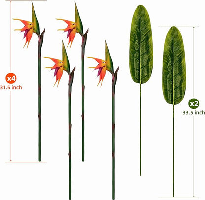 Artificial Bird of Paradise Flowers Real Touch 31.5'in Long Stem Flower 4 Pcs, with Bird of Paradise Leaves 33.5'in Long Stem Greenery Plants 2 Pcs,for Home Garden Wedding Party Decor (Orange 6 Stems)