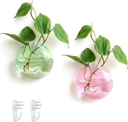 LemonRoad 2 Pcs Wall Hanging Glass Planter Gifts for Plant Lovers Pink Green Glass Terrariums Planter Oblate Wall Vases for Flowers Hydroponics Plant Propagation Station for Home Office Room Decor