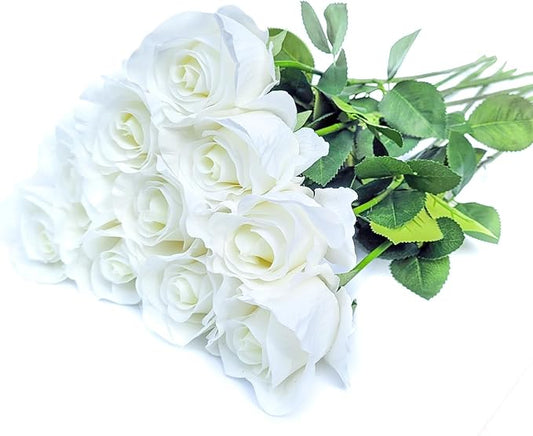 10 Single 26inch Real Touch Artificial Roses - Long Stem Fake Silk Flowers with Leaves, Looking Real, for Tall vase, Wedding, Home Decor, Centerpieces, Office Party, (10,wht)