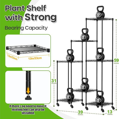 Abimars 59'' Plant Stand with Wheels, Shelf Height Adjustable Metal Plant Shelf for 7 Potted Plants, DIY Assembly Indoor & Outdoor Plant Display Rack