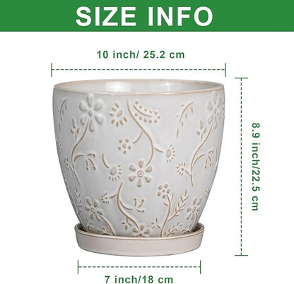 10 Inch Plant Pot Ceramic Planter Pot with Drainage Hole and Saucer Round Planter Large Flower Pot for Indoor Outdoor Plants Home Garden Decor White
