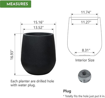 16.9 Inch Plastic Tall Planters for Outdoor Plants,Modern Black Round Tapered Flower Pot for Outdoor and Indoor Plants, Large Plant Pots with Drainage Holes and Rubber Plug for Home Garden Patio